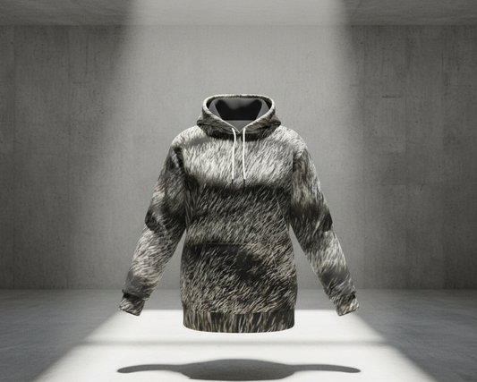 Hoodie with a camouflage pattern on a gray background The Catch of Nature Urban Shadow Collection featuring a hyper-realistic 1-to-1 DNA match of the Silver Mackerel Tabby fur pattern on a luxury 300 GSM heavyweight fleece hoodie with solid black interior lining."