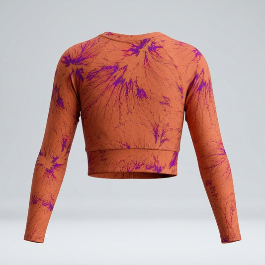 Long-sleeve crop top in the Admire Orange Purple Wing print, studio product mockup (view 2).