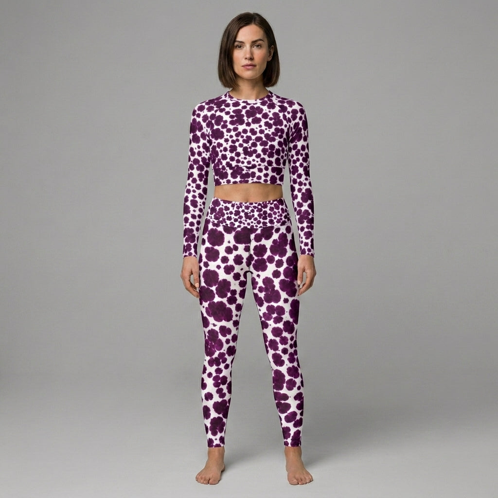 Leggings in the Lioulin Wild Cat Orchid (burgundy and cream) print, studio product shot (view 6).
