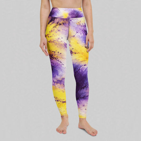 Sorbet Midnight Glow Viola print high-waist yoga leggings, purple and yellow studio detail