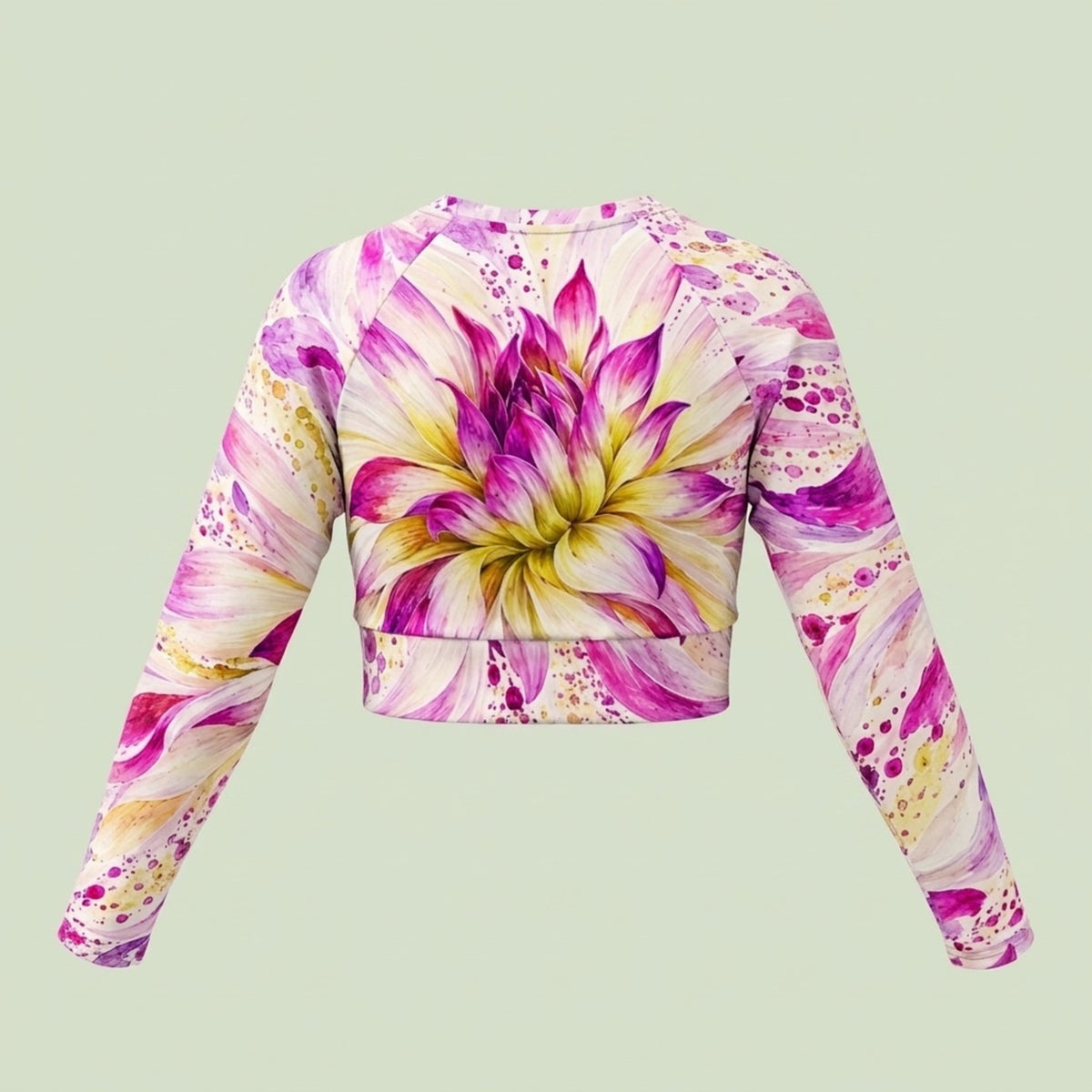Bold Accent Dahlia Long Sleeve Crop Top on a ghost mannequin, full print view