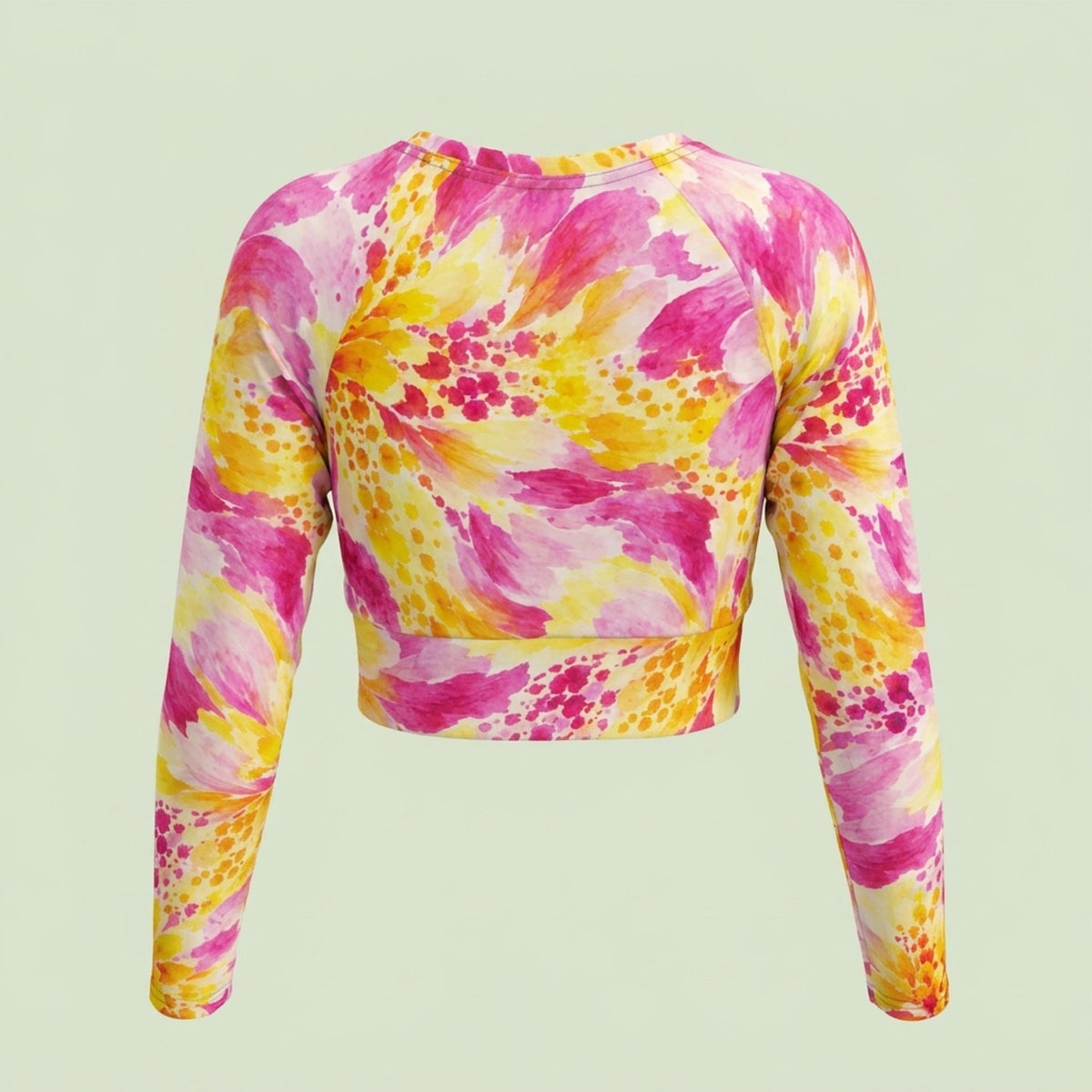 3D ghost mannequin render of the Labyrinth Dahlia print long-sleeve crop top