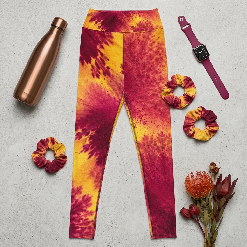 Leggings in the Xen Phoenix Orchid print, flat lay.