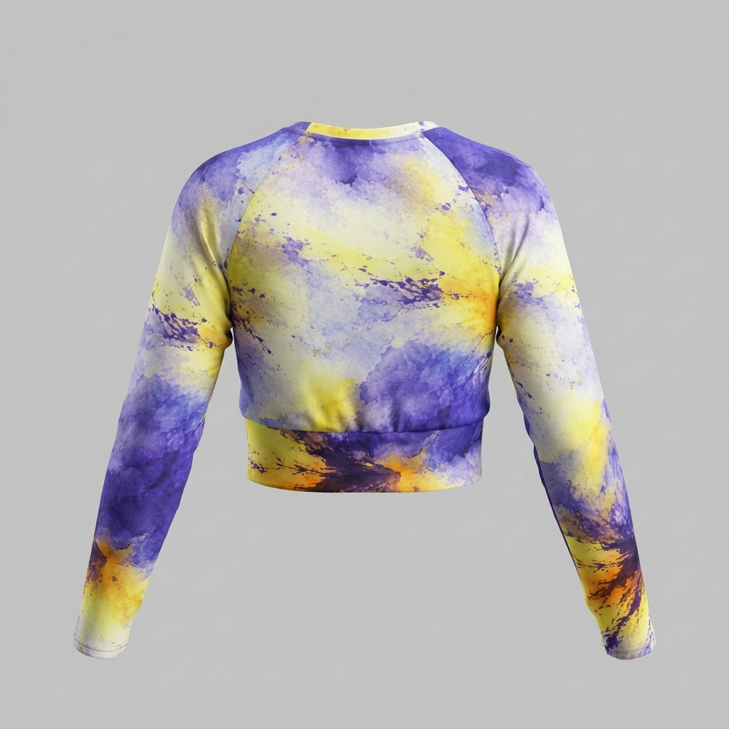 Long-sleeve crop top in the Penny Purple Picotee print, back view.