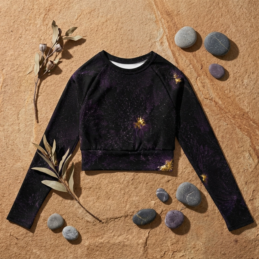 Black activewear crop top, flat lay arrangement