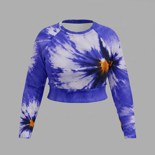 Long-sleeve crop top in the Sorbet Delft Blue print, studio product shot.