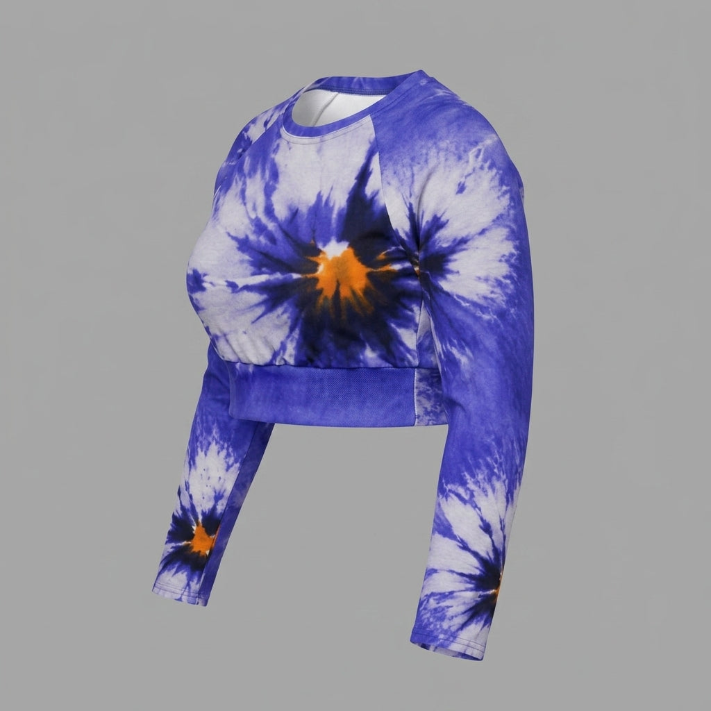 Long-sleeve crop top in the Sorbet Delft Blue print, flat lay.