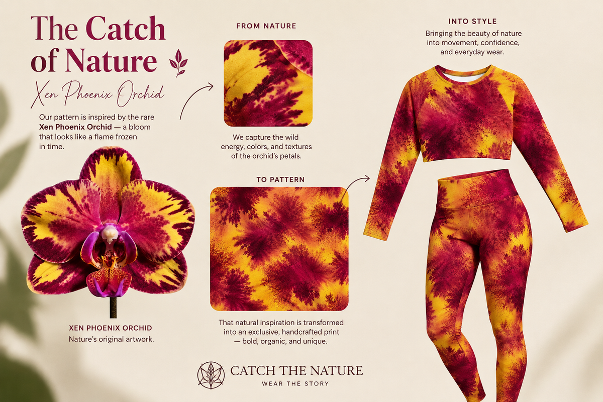 AI-generated colorway preview of the Xen Phoenix Orchid print (test render, not a final product photo).