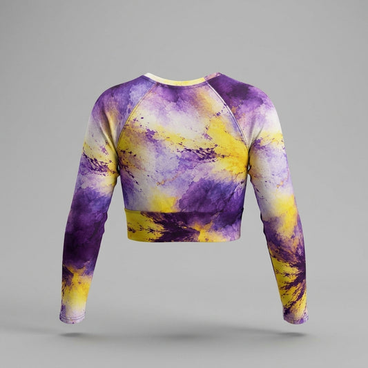 Long-sleeve crop top in the Sorbet Midnight Glow print, 3D product mockup.