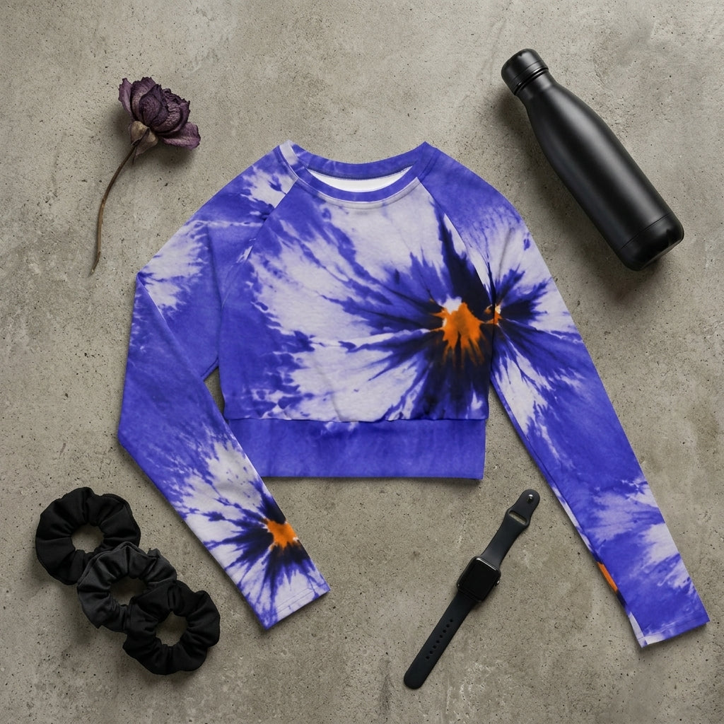 Crop top and leggings set in the Sorbet Delft Blue print, flat lay (view 2).