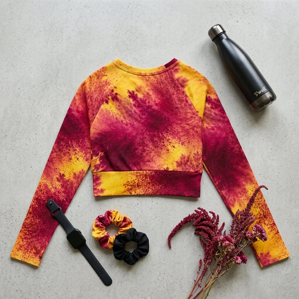 Long-sleeve crop top in the Xen Phoenix Orchid print, flat lay.