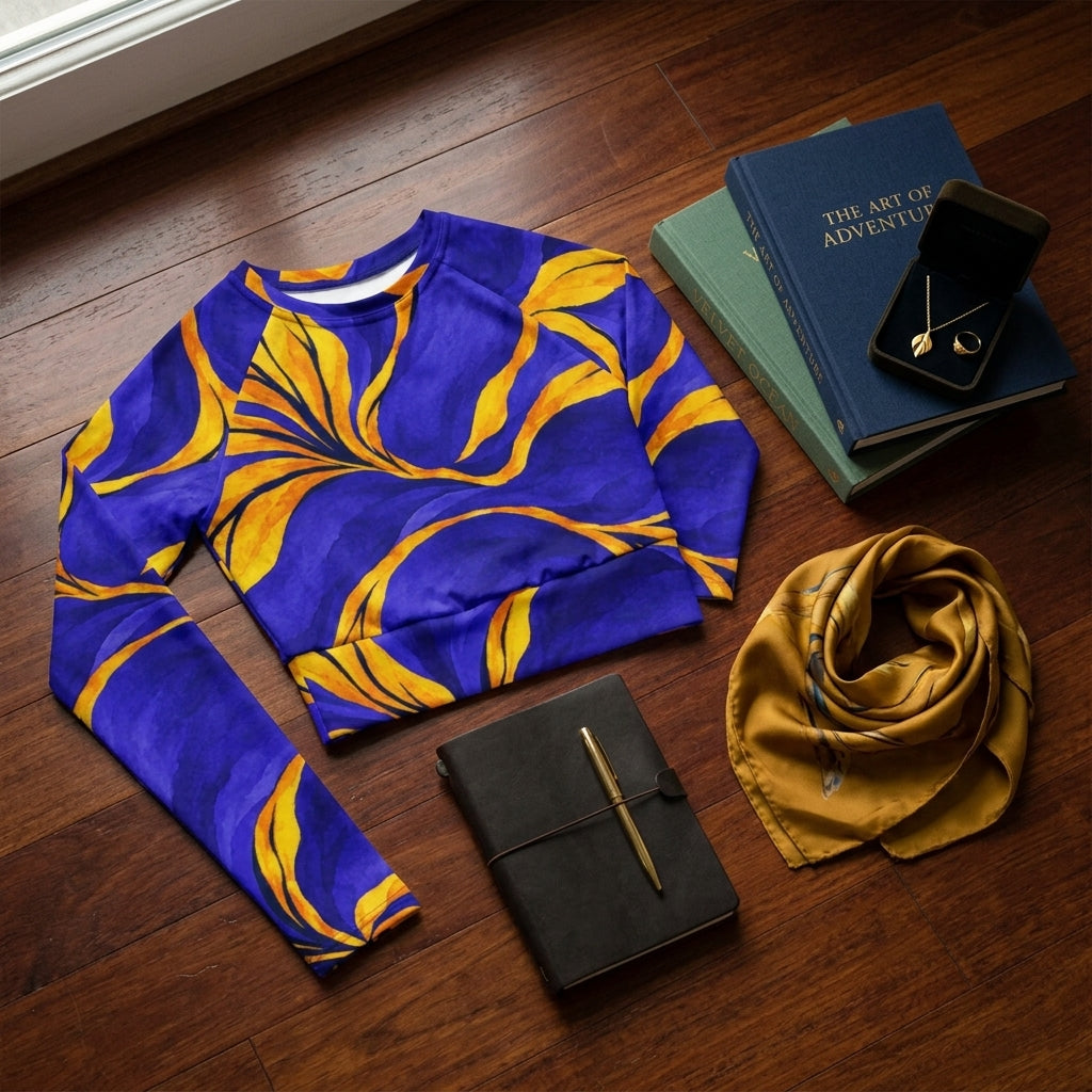 Blue and yellow activewear crop top laid on hardwood floor