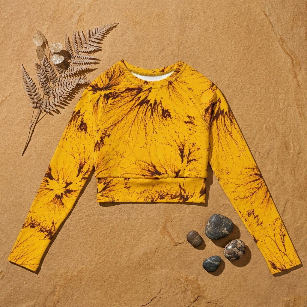 Long-sleeve crop top in the Sorbet Honeybee print, flat lay on a sandstone surface.