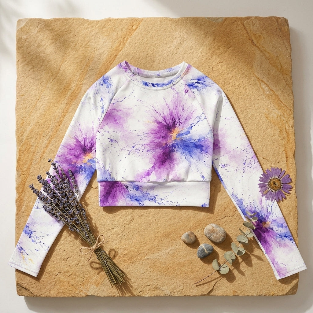 Long-sleeve crop top in the Sorbet Pink Halo print, flat lay on a sandstone surface.