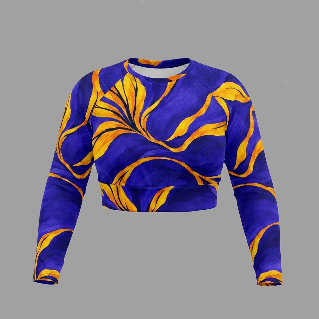 Blue and yellow activewear crop top, product photography