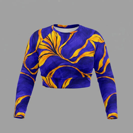 Blue and yellow activewear crop top, product photography