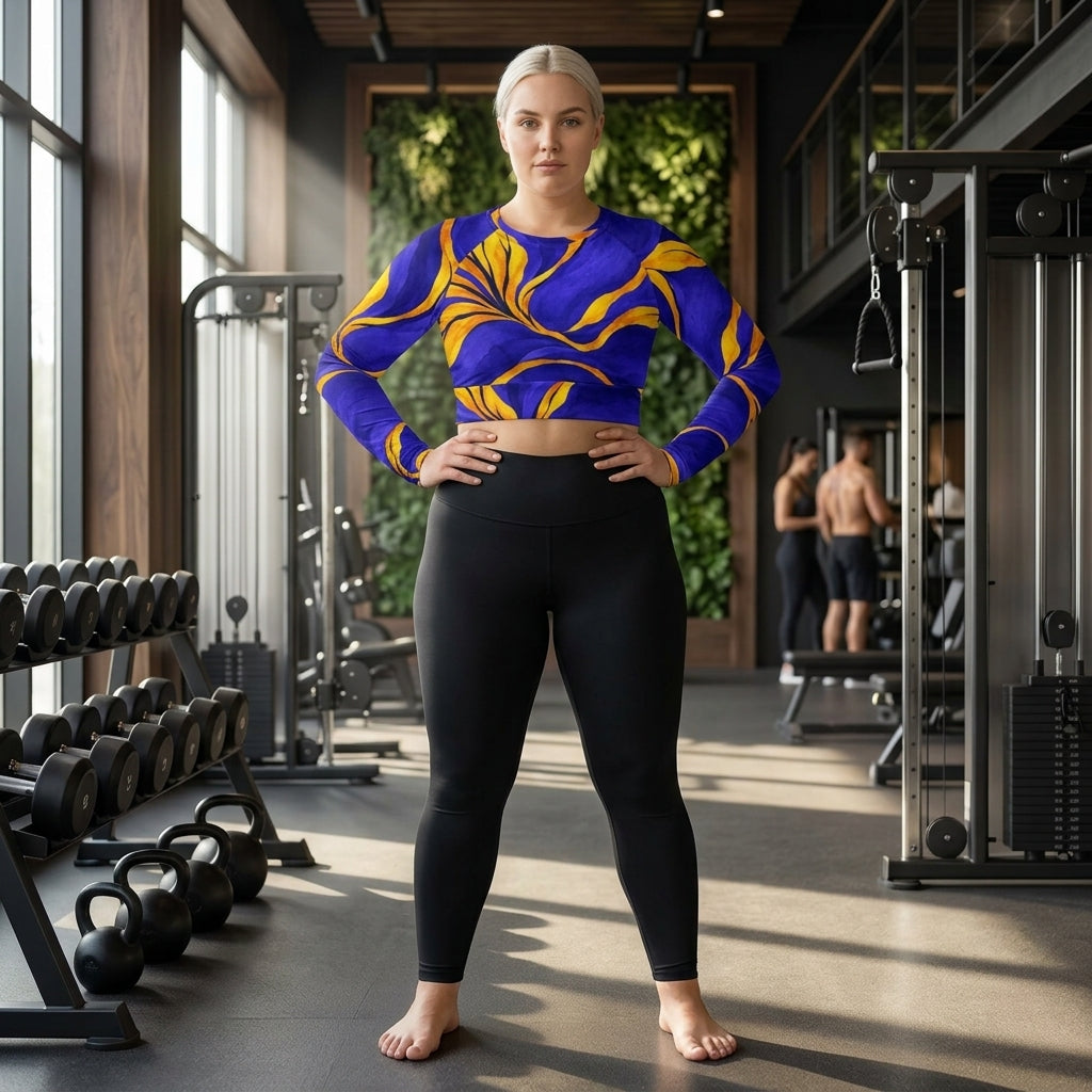Fitness model wearing blue and yellow activewear crop top in gym