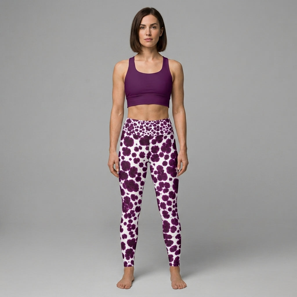 Fitness model wearing Lioulin Wild Cat Orchid (burgundy and cream) leggings (view 2).