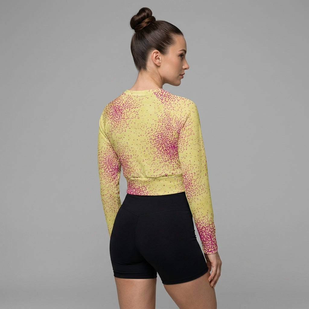 Fitness model wearing Dust Bunny Orchid (deep burgundy) long-sleeve crop top.