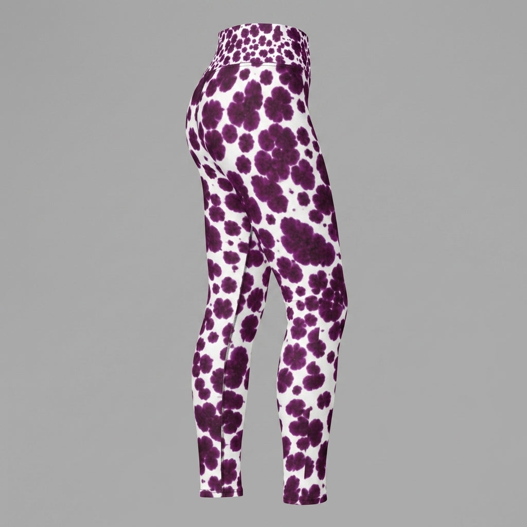 Leggings in the Lioulin Wild Cat Orchid (burgundy and cream) print, displayed on a ghost mannequin.