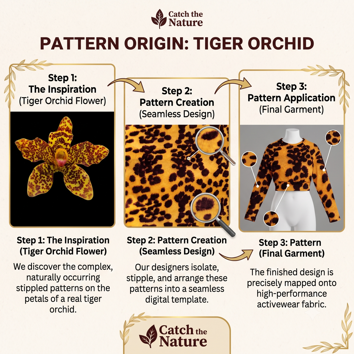 AI-generated colorway preview of the Tiger Orchid print (test render, not a final product photo).