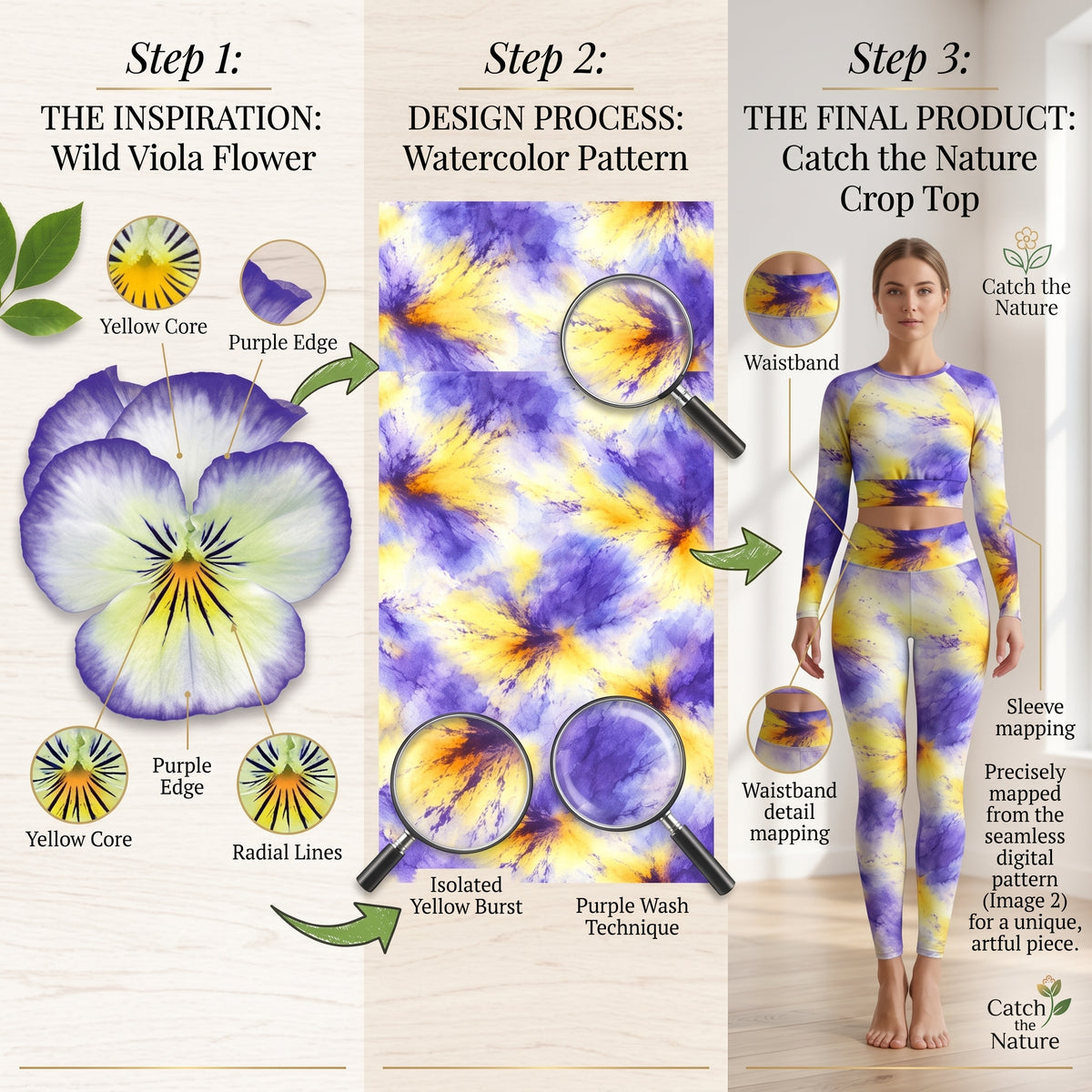Model wearing the Penny Purple Picotee Viola set – yoga leggings and long sleeve crop top