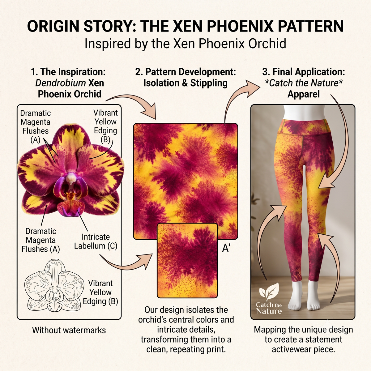 AI-generated colorway preview of the Xen Phoenix Orchid print (test render, not a final product photo).
