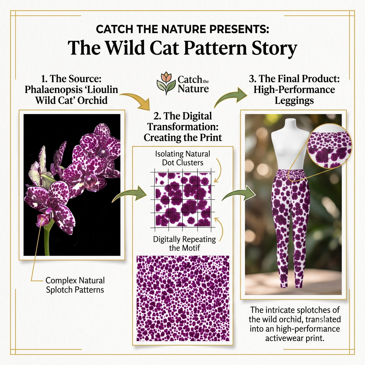 AI-generated colorway preview of the Lioulin Wild Cat Orchid print (test render, not a final product photo).