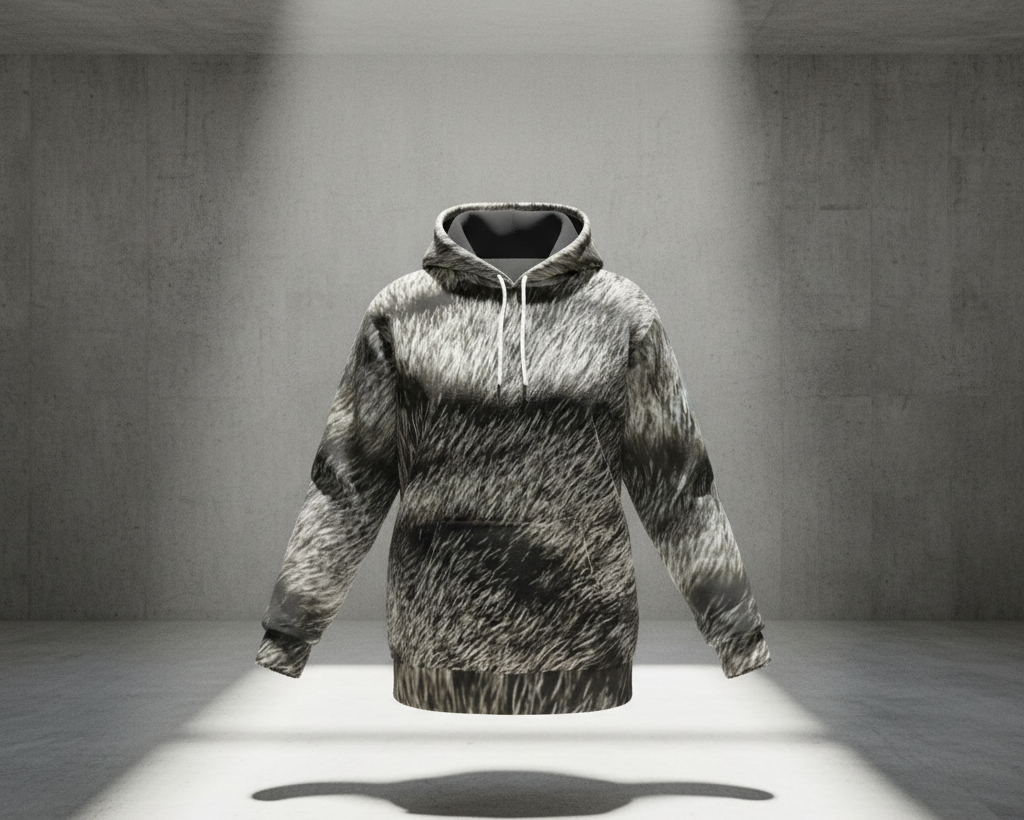 Hoodie with a camouflage pattern on a gray background The Catch of Nature Urban Shadow Collection featuring a hyper-realistic 1-to-1 DNA match of the Silver Mackerel Tabby fur pattern on a luxury 300 GSM heavyweight fleece hoodie with solid black interior lining."