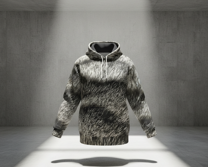 Hoodie with a camouflage pattern on a gray background The Catch of Nature Urban Shadow Collection featuring a hyper-realistic 1-to-1 DNA match of the Silver Mackerel Tabby fur pattern on a luxury 300 GSM heavyweight fleece hoodie with solid black interior lining."