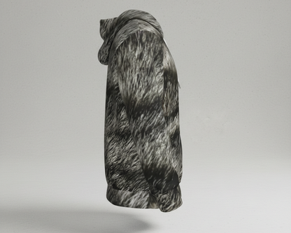 The Catch of Nature Urban Shadow Collection featuring a hyper-realistic 1-to-1 DNA match of the Silver Mackerel Tabby fur pattern on a luxury 300 GSM heavyweight fleece hoodie with solid black interior lining."