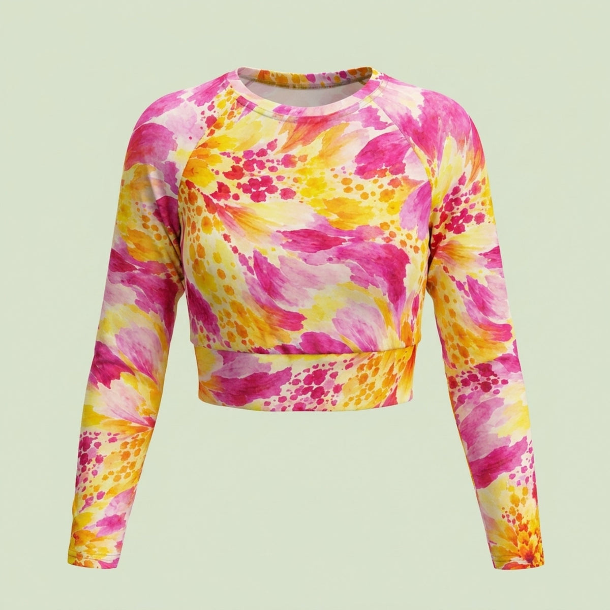Labyrinth Dahlia print long-sleeve crop top on a ghost mannequin, showing the pink and gold floral pattern