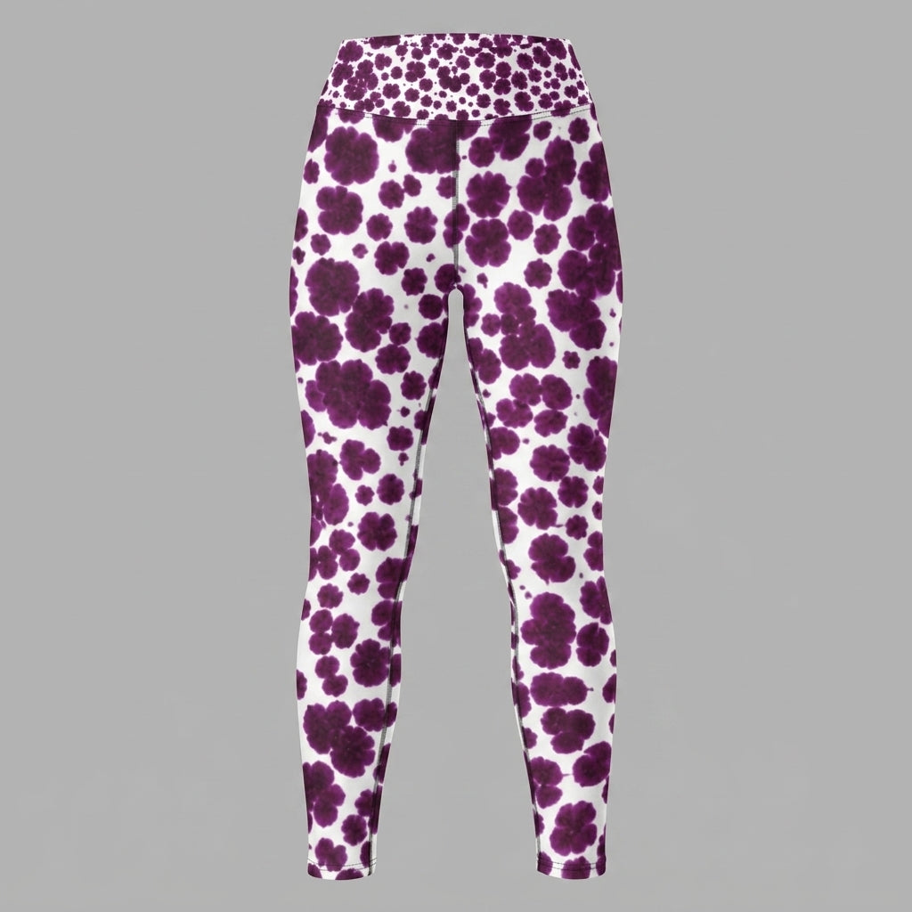 Leggings in the Lioulin Wild Cat Orchid (burgundy and cream) print, studio product shot (view 4).