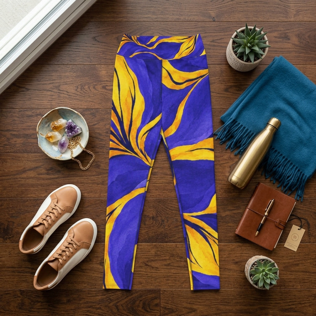 Purple floral-print leggings laid on hardwood floor