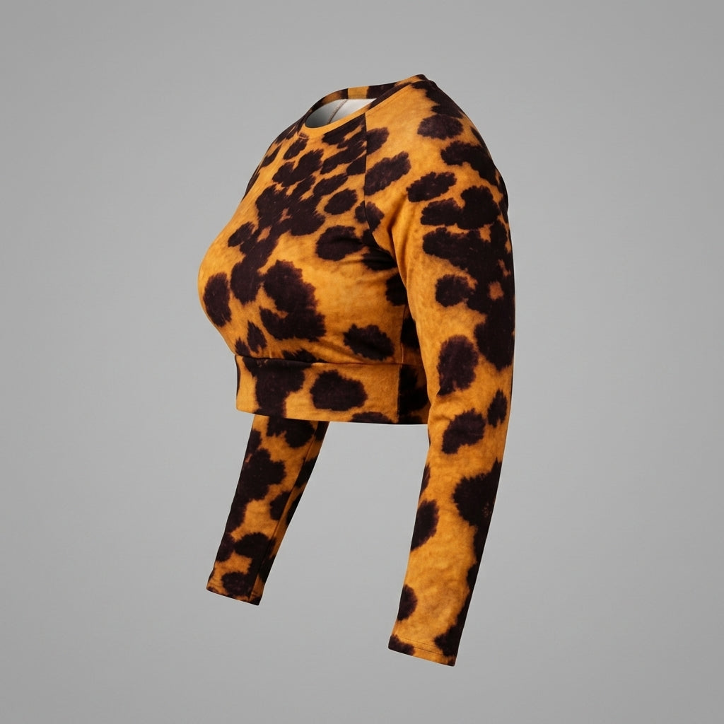 Long-sleeve crop top in the Tiger Orchid (gold and burgundy) print, studio product shot (view 2).