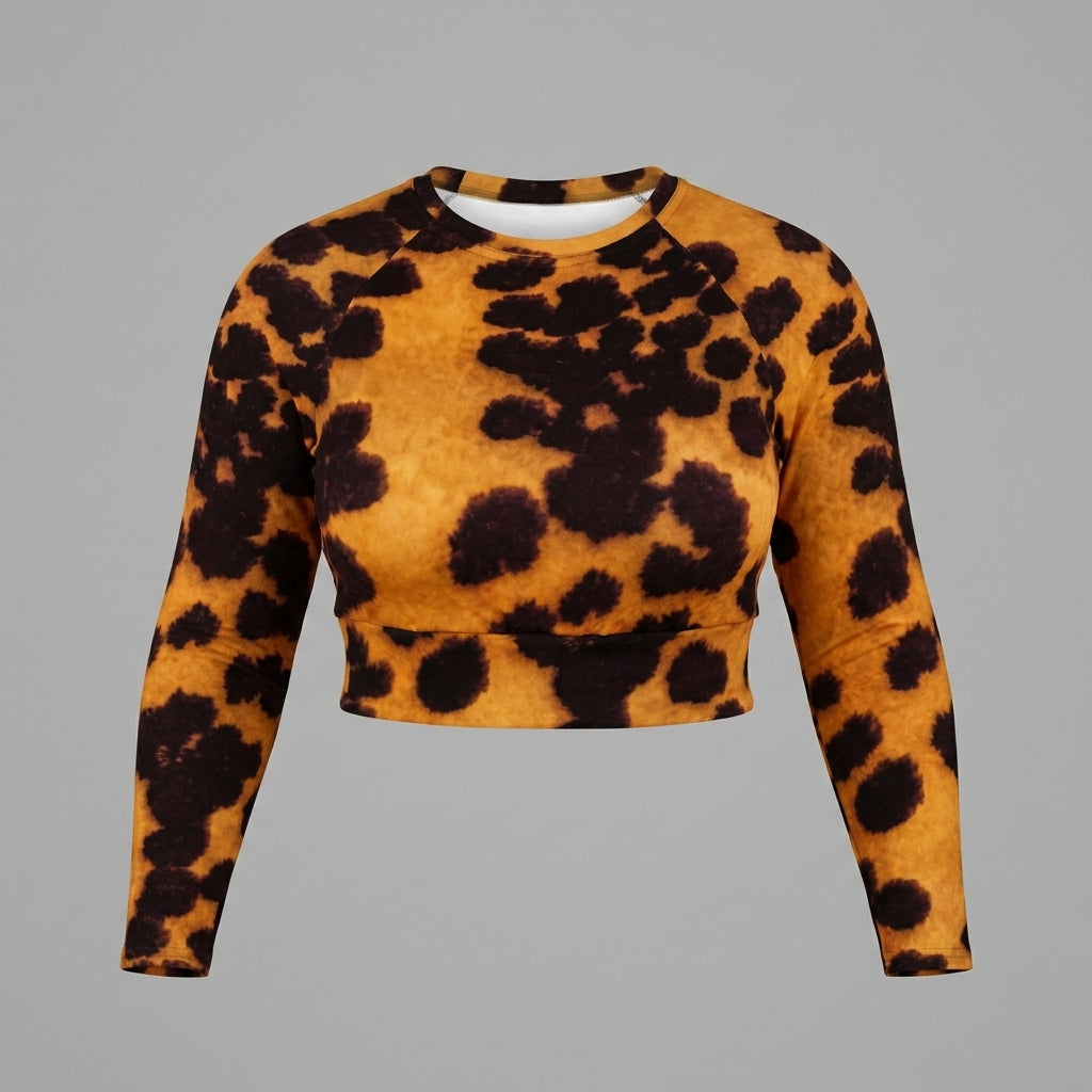 Long-sleeve crop top in the Tiger Orchid (gold and burgundy) print, studio product shot.