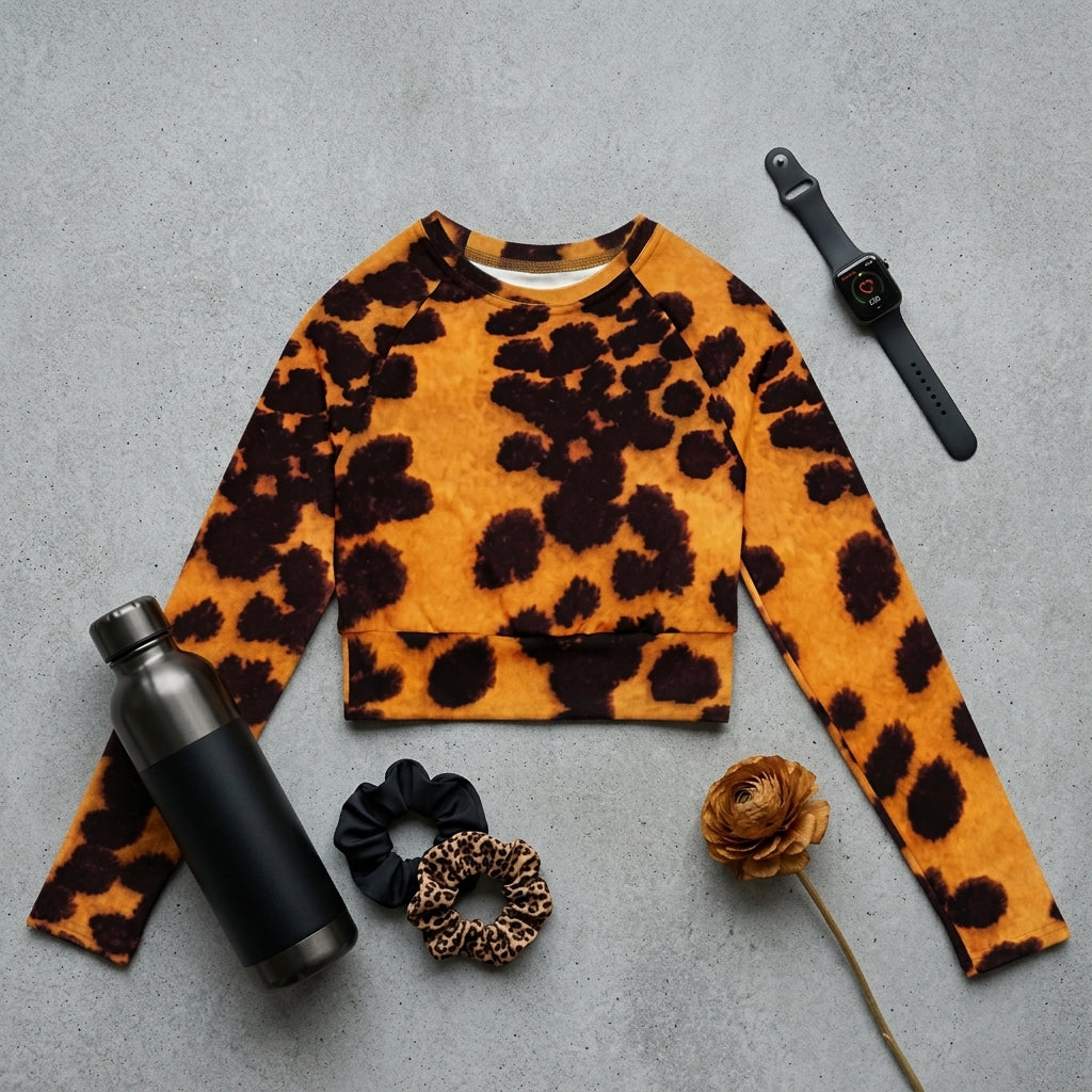 Long-sleeve crop top in the Tiger Orchid (gold and burgundy) print, studio product shot (view 3).