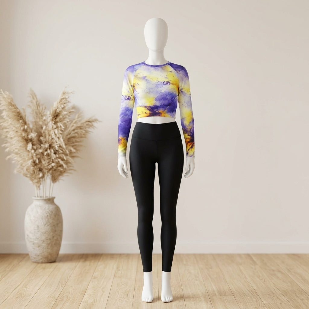 Long-sleeve crop top in the Penny Purple Picotee print, displayed on a mannequin.