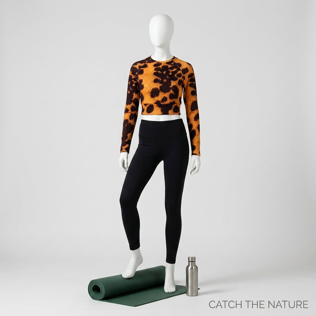 Long-sleeve crop top in the Tiger Orchid (gold and burgundy) print, displayed on a mannequin.