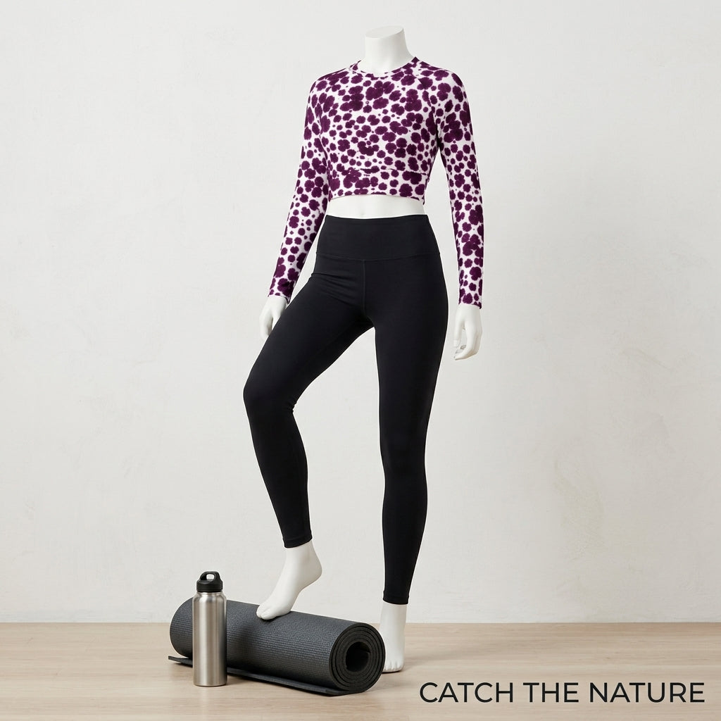 Long-sleeve crop top in the Lioulin Wild Cat Orchid (burgundy and cream) print, displayed on a mannequin.