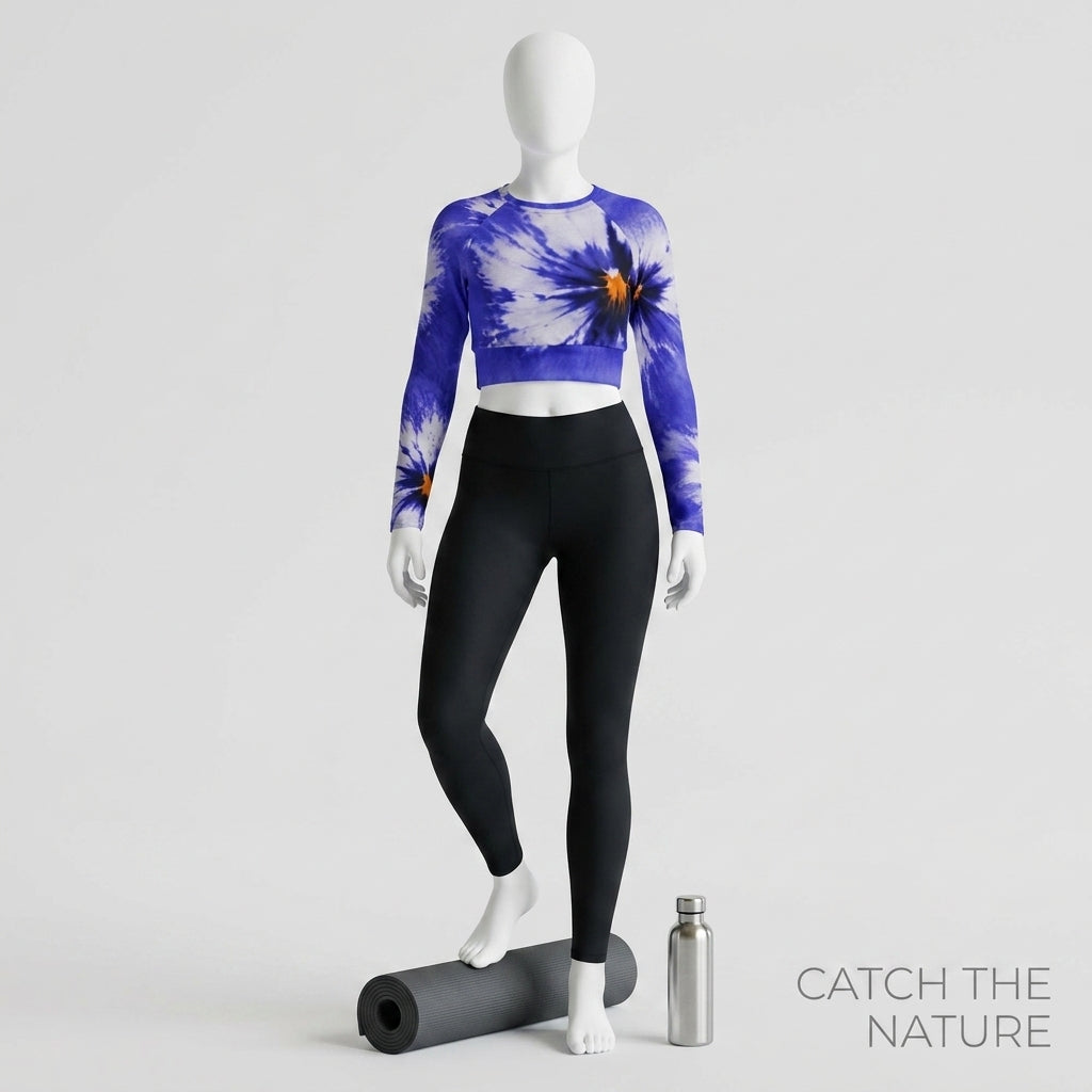 Crop top and leggings set in the Sorbet Delft Blue print, displayed on a mannequin.