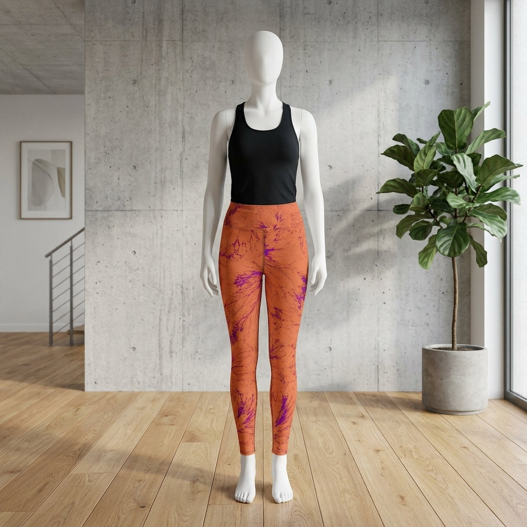 Leggings in the Admire Orange Purple Wing print, displayed on a mannequin.