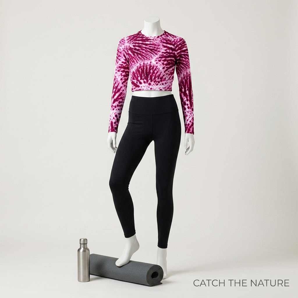 Long-sleeve crop top in the Phalaenopsis Orchid (ivory and magenta) print, displayed on a mannequin.
