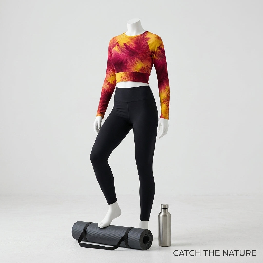 Long-sleeve crop top in the Xen Phoenix Orchid print, displayed on a mannequin.