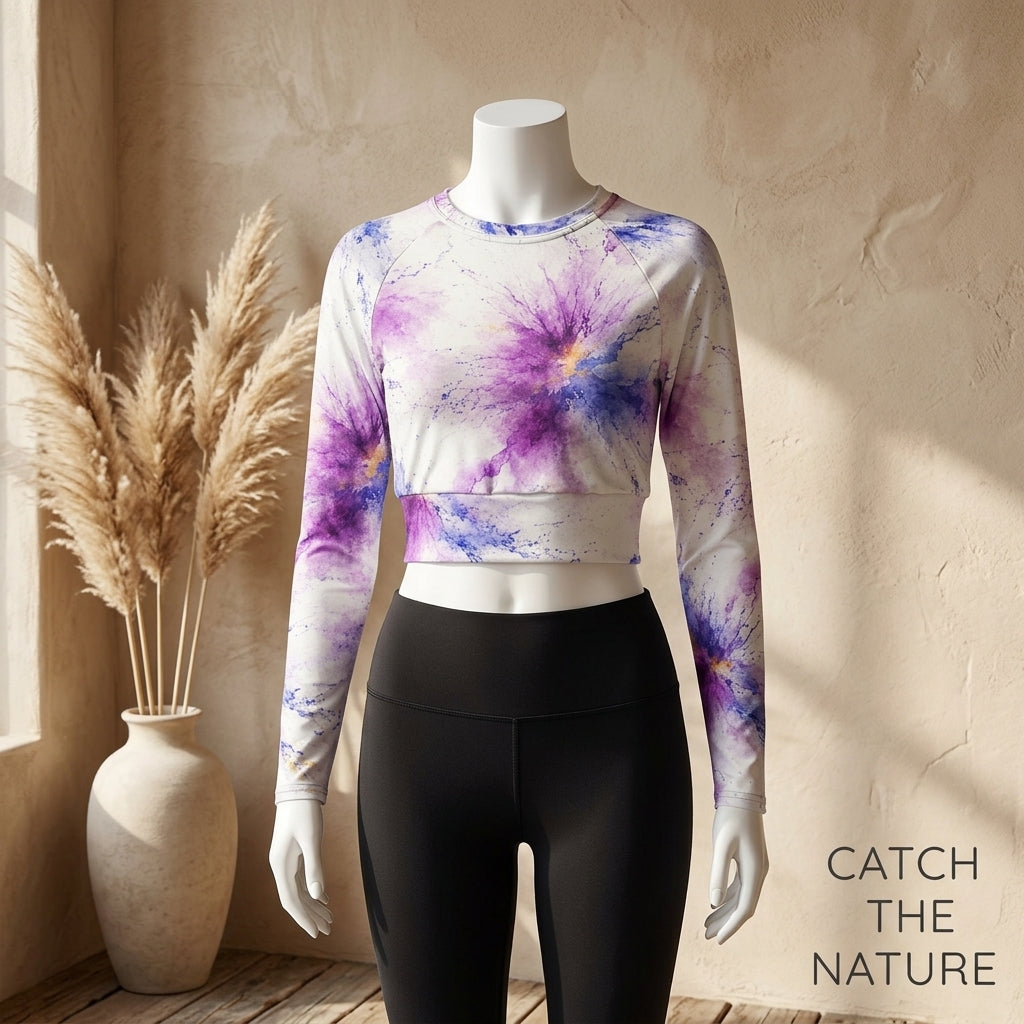 Long-sleeve crop top in the Sorbet Pink Halo print, displayed on a mannequin.