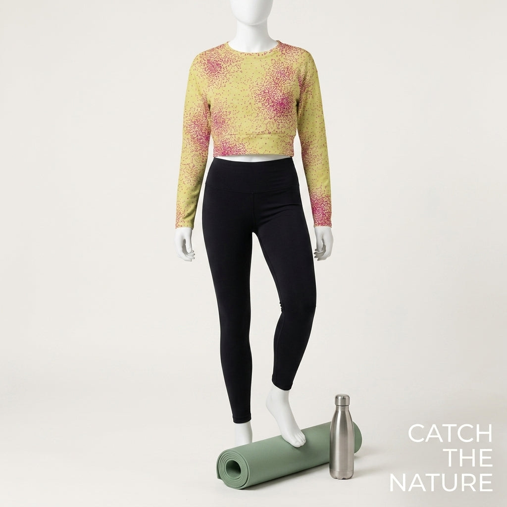 Long-sleeve crop top in the Dust Bunny Orchid (deep burgundy) print, displayed on a mannequin.