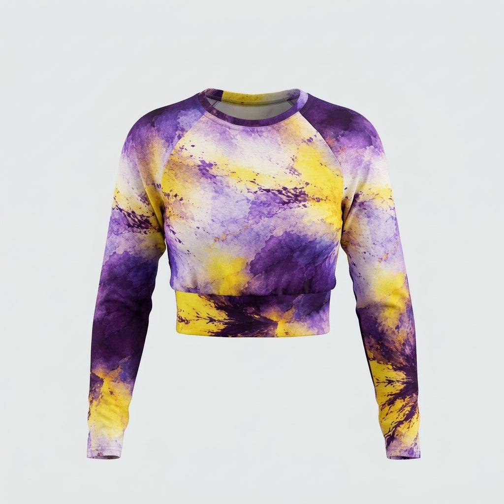 Long-sleeve crop top in the Sorbet Midnight Glow print, studio product shot.