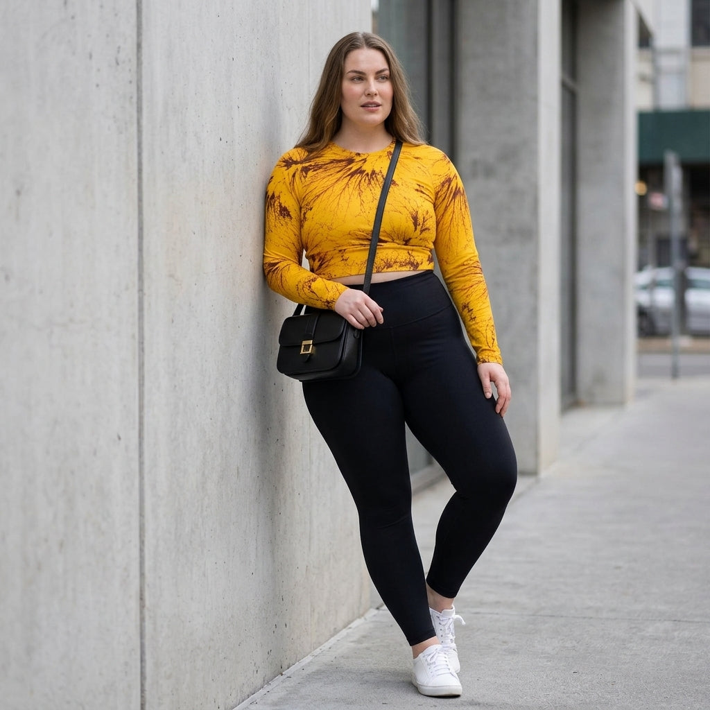 Model leaning against architecture wearing a Sorbet Honeybee long-sleeve crop top.