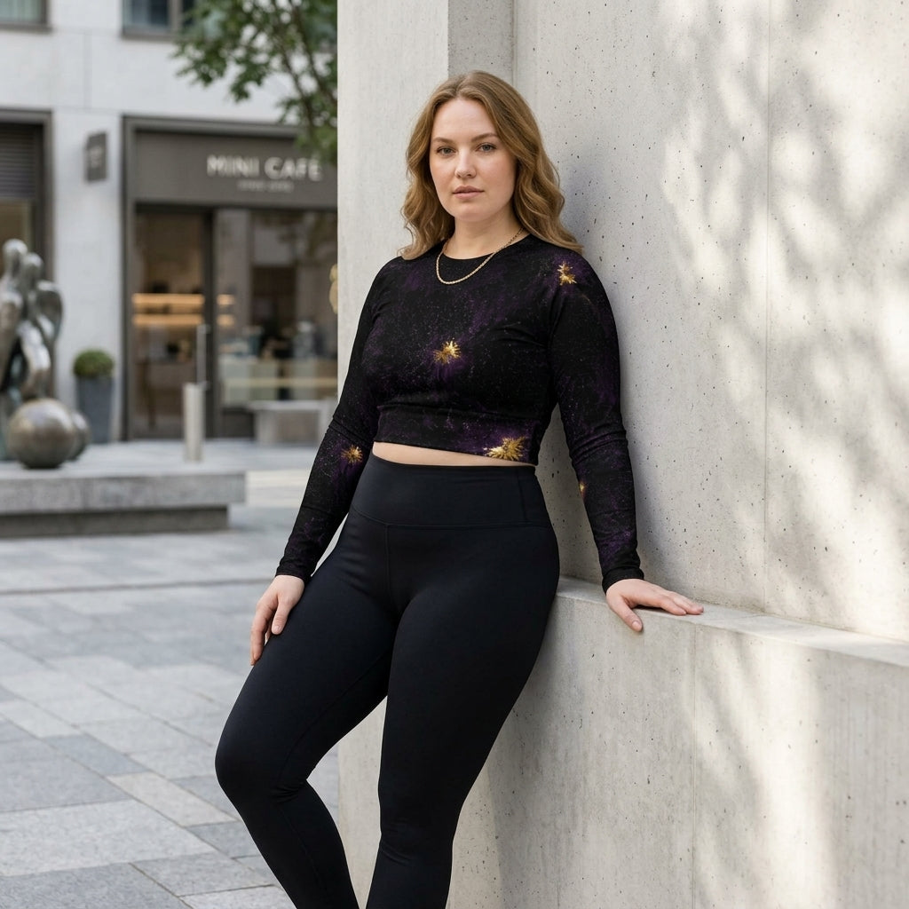 Model wearing black activewear crop top, leaning against architecture