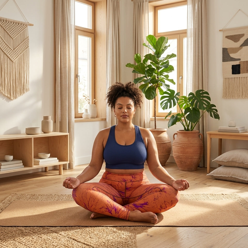Model performing a seated lotus pose wearing Admire Orange Purple Wing leggings.